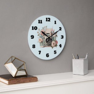Grande Horloge Ronde Appareil photo avec image rétro pastel de fleurs