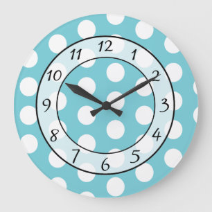 Grande Horloge Ronde Aqua Blue and White Polka Dot Whimsical Clock
