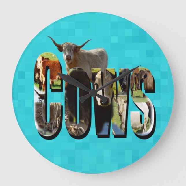 Grande Horloge Ronde Aqua Blue Cows Picture Logo With Cows,  (Recto)