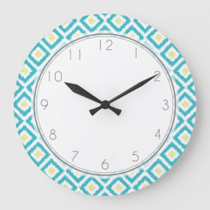 Grande Horloge Ronde Aqua et motif jaune d'Ikat de diamant