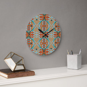 Grande Horloge Ronde Aqua Turquoise Blue Orange Brown Motif tribal