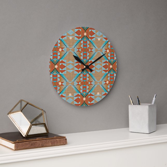 Grande Horloge Ronde Aqua Turquoise Blue Orange Brown Motif tribal (Bureau)