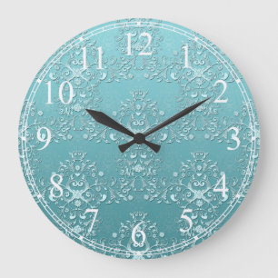 Grande Horloge Ronde Aqua Turquoise de luxe Turquoise et blanc Damask