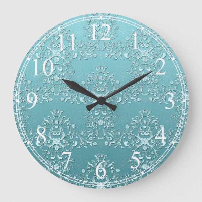 Grande Horloge Ronde Aqua Turquoise de luxe Turquoise et blanc Damask (Recto)