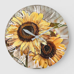 Grande Horloge Ronde Aquarelle 2 Tournesols brillants Collection élégan