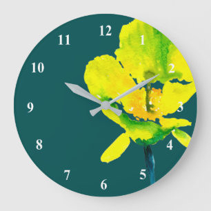 Grande Horloge Ronde Aquarelle abstraite jaune lâche floral