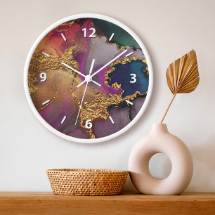 Grande Horloge Ronde Aquarelle Agate or violet vert bleu chic glam