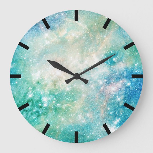 Grande Horloge Ronde Aquarelle Aquarelle Turquoise Bleu Galaxie Océan (Recto)