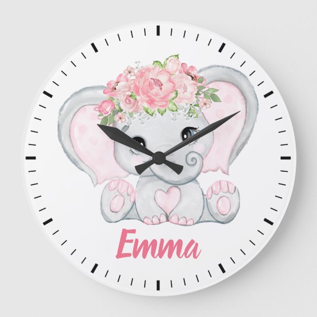 Grande Horloge Ronde Aquarelle Bébé Eléphant rose Floral Girl Nursery (Recto)