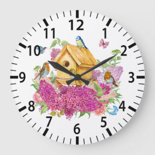 Grande Horloge Ronde Aquarelle Birdhouse, Oiseaux et Fleurs Lilac