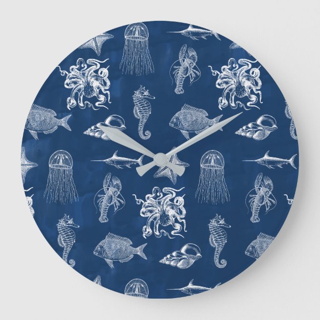 Grande Horloge Ronde Aquarelle bleu marine Océan Animaux marins (Recto)