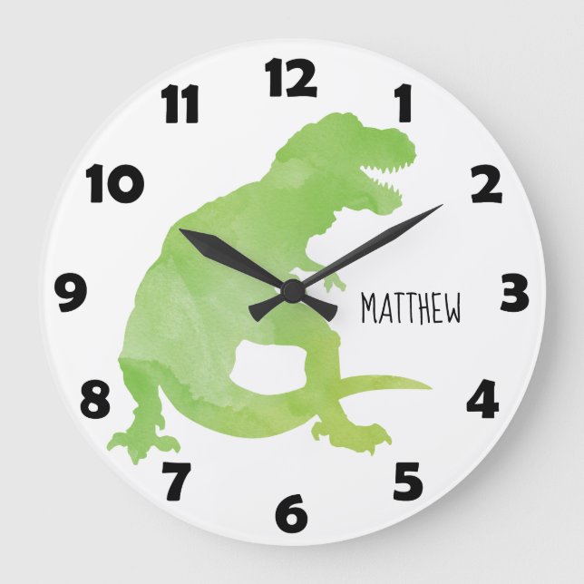 Grande Horloge Ronde Aquarelle bleu vert Dinosaure Enfants personnalisé (Recto)
