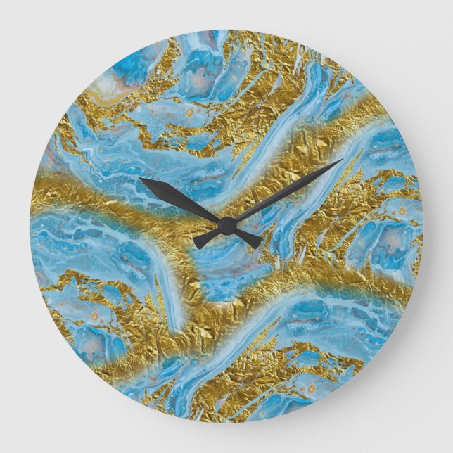 Grande Horloge Ronde Aquarelle bleue Marbre et or Foil (Recto)