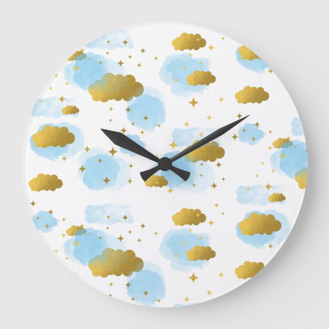 Grande Horloge Ronde Aquarelle bleue Nuages Gold Stars Sky (Recto)