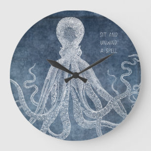 Grande Horloge Ronde Aquarelle bleue Twilight octopus vintage