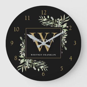 Grande Horloge Ronde Aquarelle botanique Monogramme de verdure Or Noir