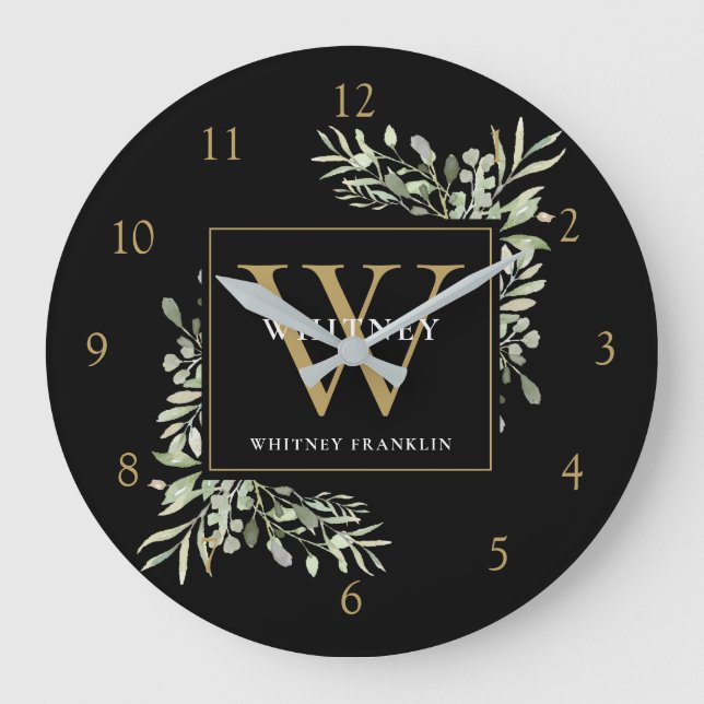 Grande Horloge Ronde Aquarelle botanique Verdure Monogramme Or noir (Recto)