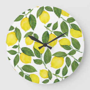 Grande Horloge Ronde Aquarelle Citrons : Motif de fruits d'été