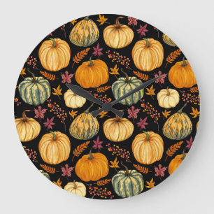 Grande Horloge Ronde Aquarelle Citrouilles : Automne Motif sans couture