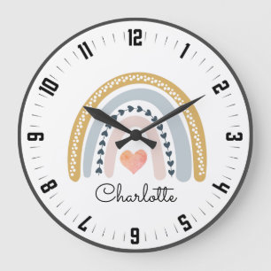 Grande Horloge Ronde Aquarelle Cute Boho personnalisée Arc-en-ciel