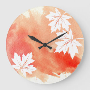 Grande Horloge Ronde Aquarelle de corail moderne et feuilles d'érable