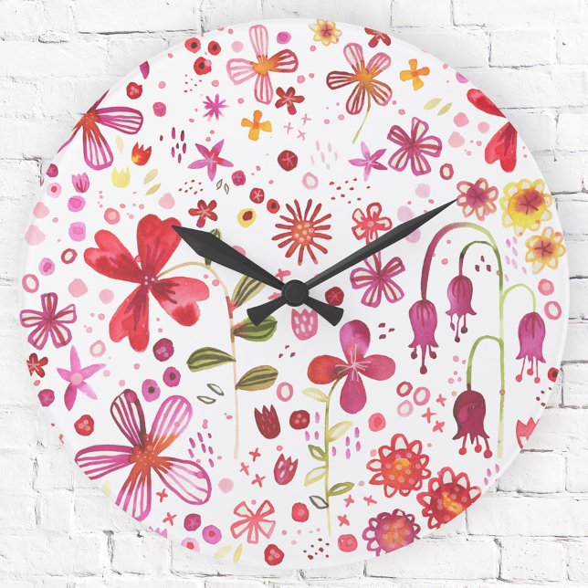 Grande Horloge Ronde Aquarelle de fleurs sauvages moderne (Modern floral watercolor pink, red and white art wall clock)