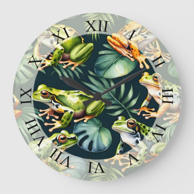 Grande Horloge Ronde Aquarelle de grenouilles (Recto)