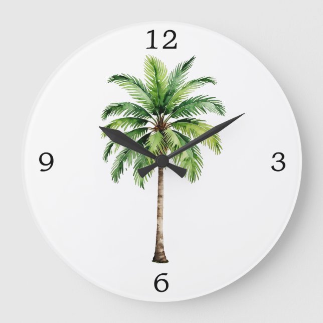 Grande Horloge Ronde Aquarelle de palmier Tropical Elégant (Recto)