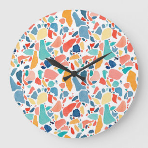 Grande Horloge Ronde Aquarelle de Terrazzo : Motif coloré sans couture.