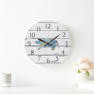 Grande Horloge Ronde Aquarelle de tortue Shiplap Plage Décor rustique G