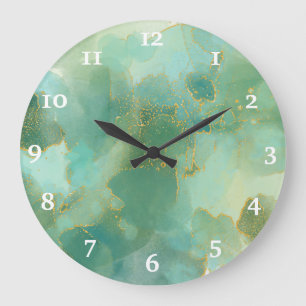 Grande Horloge Ronde Aquarelle d'encre d'alcool vert chic