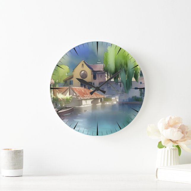 Grande Horloge Ronde Aquarelle du village fluvial allemand (Maison)