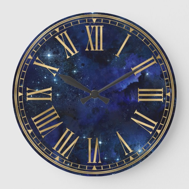 Grande Horloge Ronde Aquarelle Encre Bleu foncé Galaxie & Étoiles (Recto)