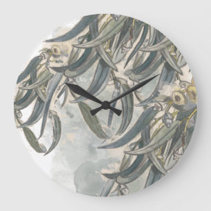 Grande Horloge Ronde Aquarelle Eucalyptus Verdure Feuille