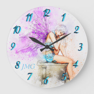 Grande Horloge Ronde Aquarelle Fée en bleu avec Monogramme