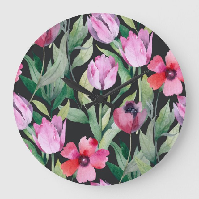 Grande Horloge Ronde Aquarelle fleurie, belle motif sans couture. (Recto)