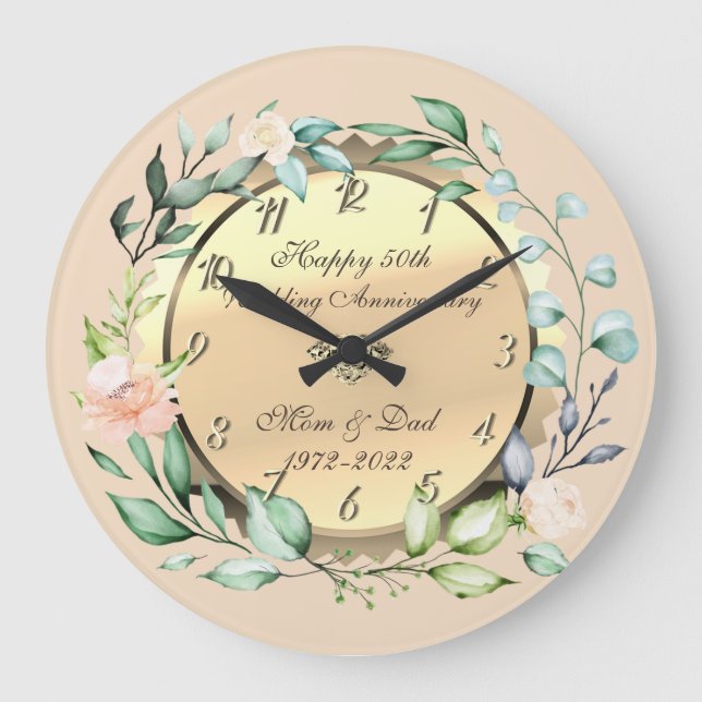 Grande Horloge Ronde Aquarelle Fleurs 50e anniversaire de mariage (Recto)