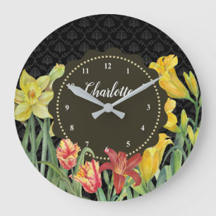 Grande Horloge Ronde Aquarelle Fleurs de Printemps Jaune Orange Damassé