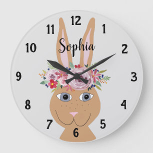 Grande Horloge Ronde Aquarelle florale branchée Rabbit and Name