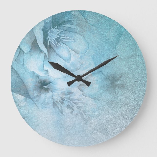 Grande Horloge Ronde *~* Aquarelle florale Parties scintillant céleste  (Recto)
