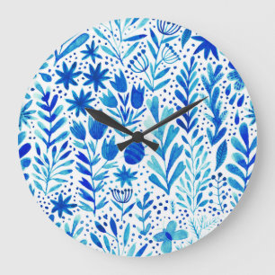 Grande Horloge Ronde Aquarelle florale Plantes texture transparente
