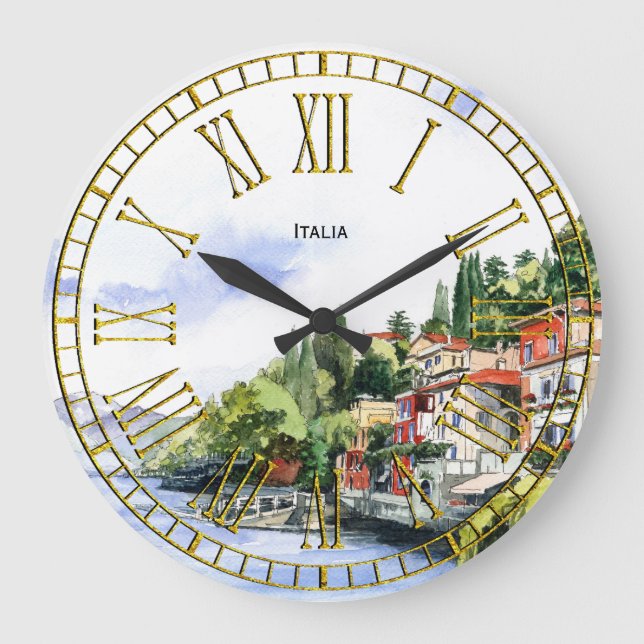 Grande Horloge Ronde Aquarelle italienne de littoral votre texte (Recto)