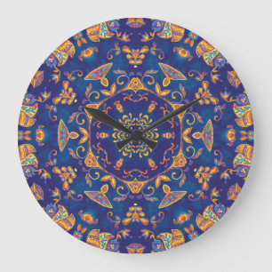 Grande Horloge Ronde Aquarelle Kaleidoscope Mandala Oriental Design.