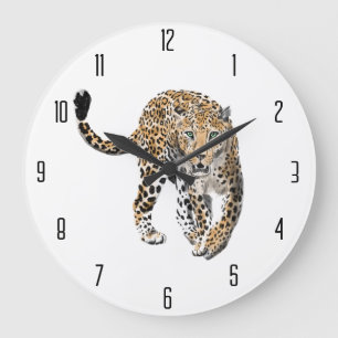 Grande Horloge Ronde aquarelle léopard jungle chat peint vert animal