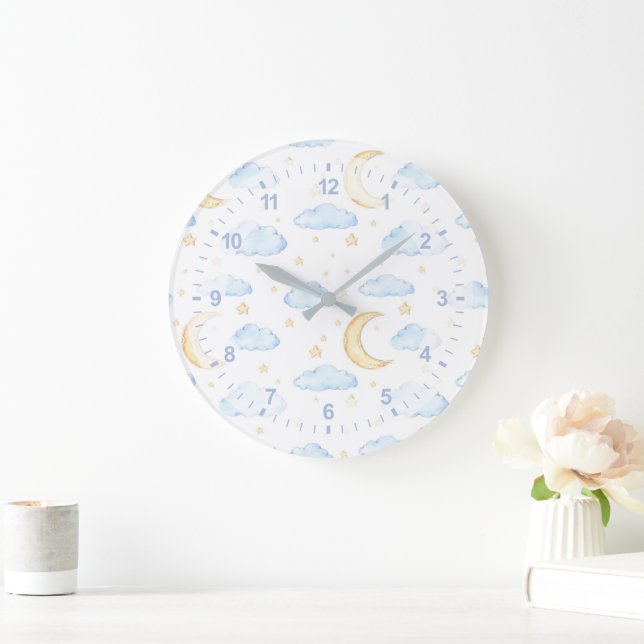 Grande Horloge Ronde Aquarelle Lune étoiles et nuages Motif (Maison)