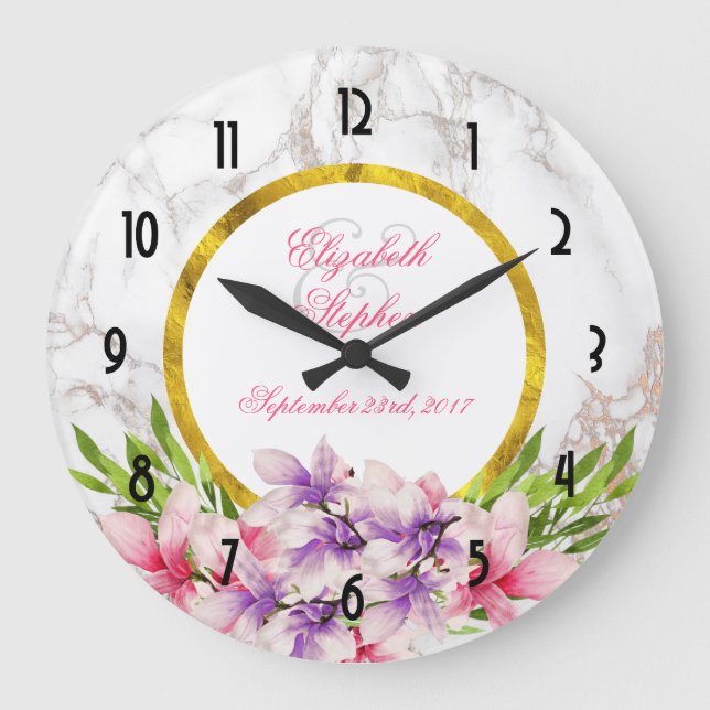 Grande Horloge Ronde Aquarelle Magnolias, Faux Marble Texture Mariage (Recto)