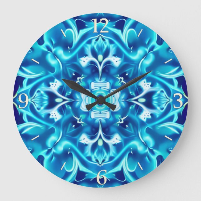 Grande Horloge Ronde Aquarelle Mandala Flower dans les tons bleu Indigo (Recto)