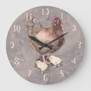 Grande Horloge Ronde Aquarelle mère Hen et Chicks