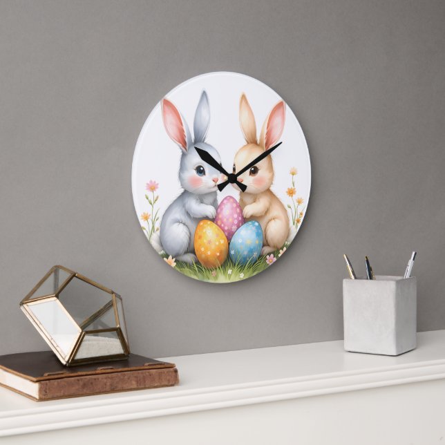 Grande Horloge Ronde Aquarelle mignonne Lapins de Pâques mignons Lapins (Bureau)