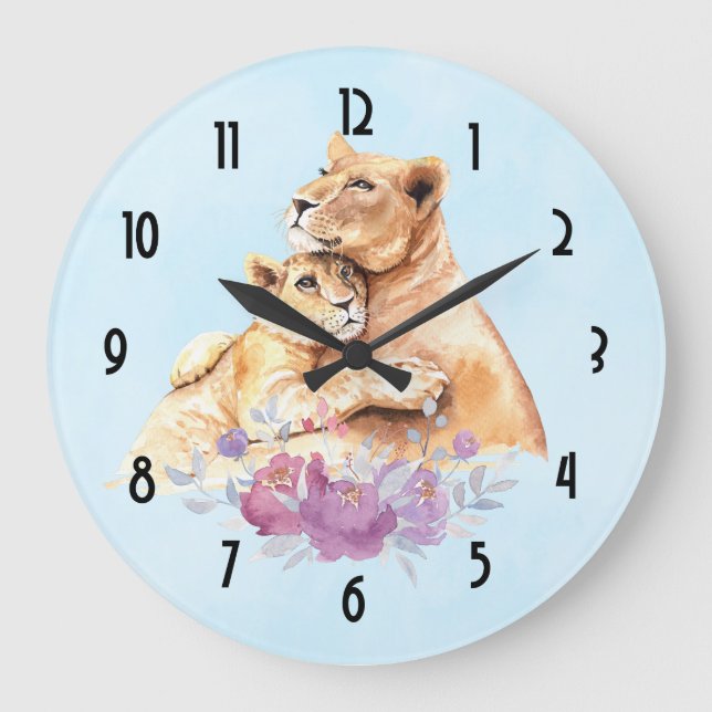 Grande Horloge Ronde Aquarelle mignonne Mère Lion & Cub (Recto)